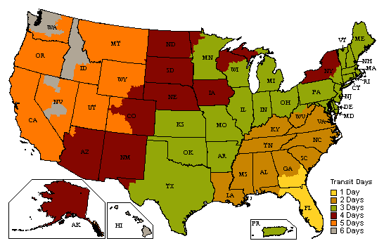 Map of estimated shipping times